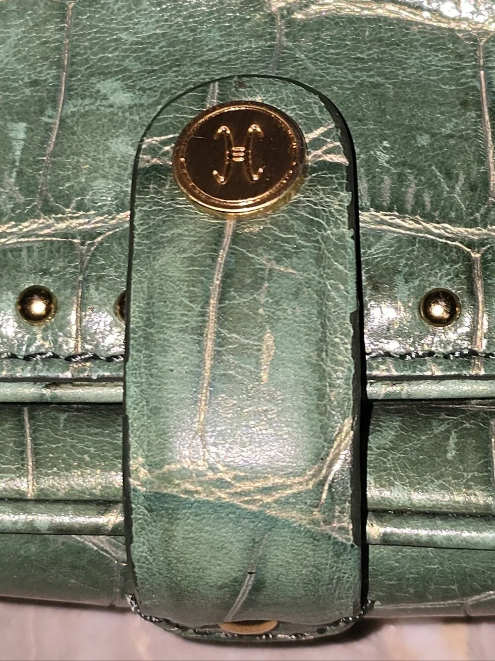 Cole Haan Green Crocodile Embossed Leather Large Wristlet/Mini Bag